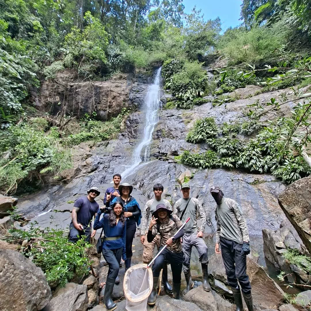 Equipo de campo de la fundación junto a una cascada de bosque nuboso en Chiriquí