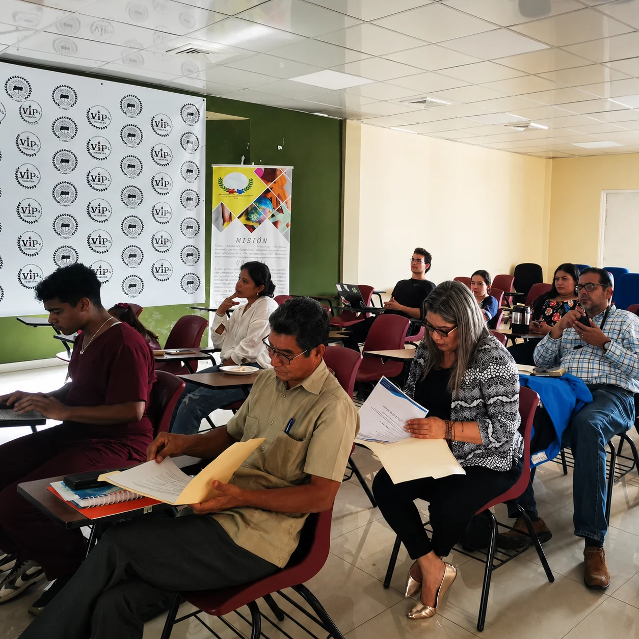 Estudiantes en un aula durante una actividad con proyector