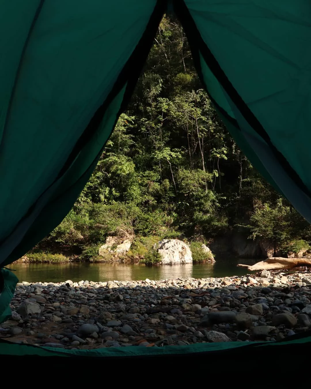 Campamento de expedición junto al río, de noche